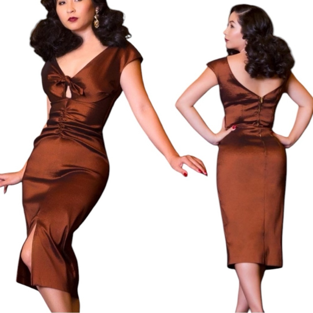 Pinup Couture Brown Off-Shoulder Midi Dress